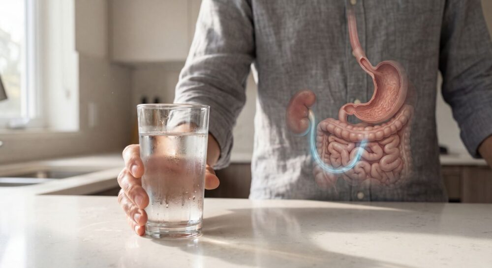 Osoba stojąca w kuchni trzyma w dłoni szklankę wody, a na jej tułowiu nałożona jest półprzezroczysta ilustracja przewodu pokarmowego i nerek z zaznaczoną jasną linią przepływu płynu, co symbolicznie pokazuje drogę wody od przełyku i żołądka aż do układu moczowego.