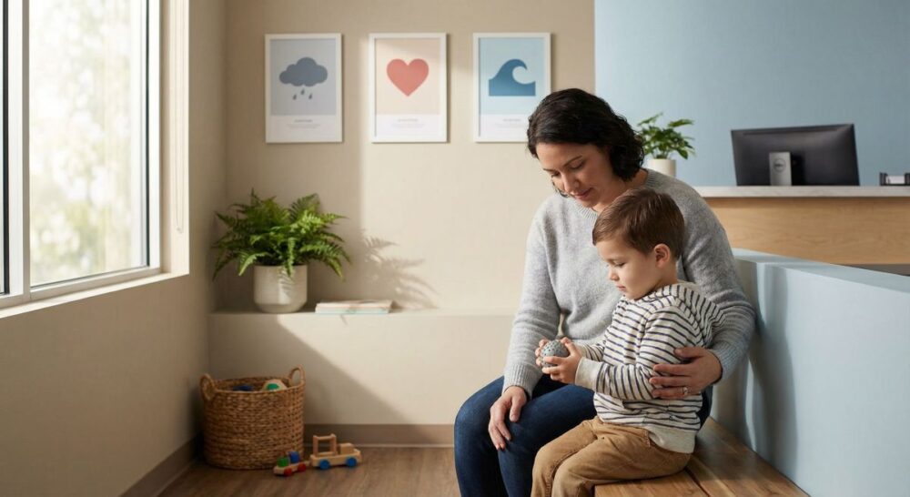 Mama siedzi z małym chłopcem w jasnej, przyjaznej poczekalni poradni, trzyma go na kolanach i spokojnie rozmawia, co ilustruje atmosferę pierwszej wizyty dziecka u psychiatry i przygotowania do niej.