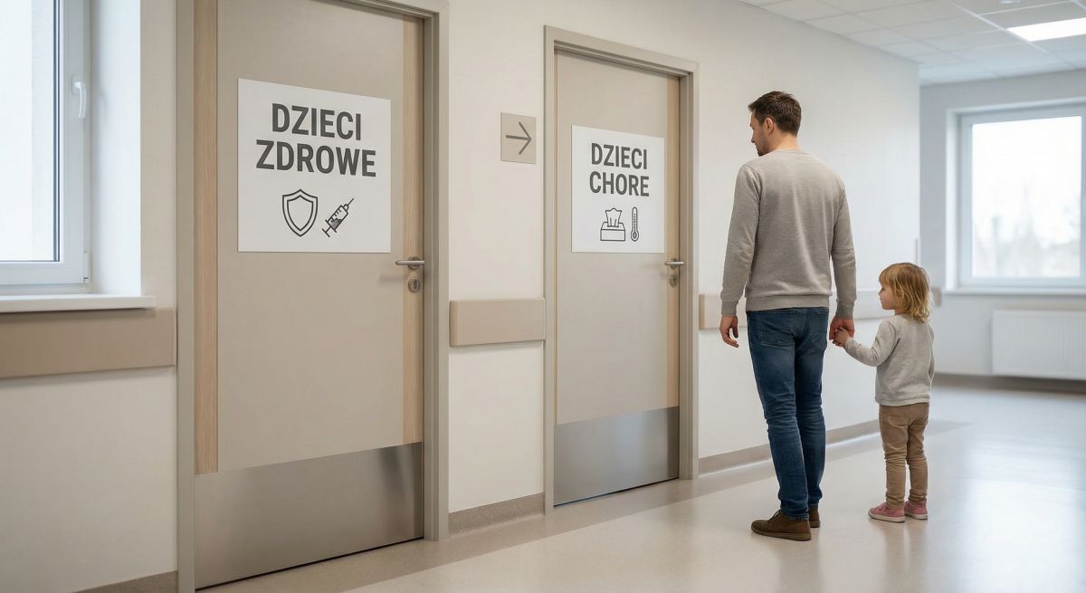 Ojciec z dzieckiem stoją w korytarzu przychodni przed drzwiami „Dzieci zdrowe” i „Dzieci chore”, wybierając właściwą ścieżkę.