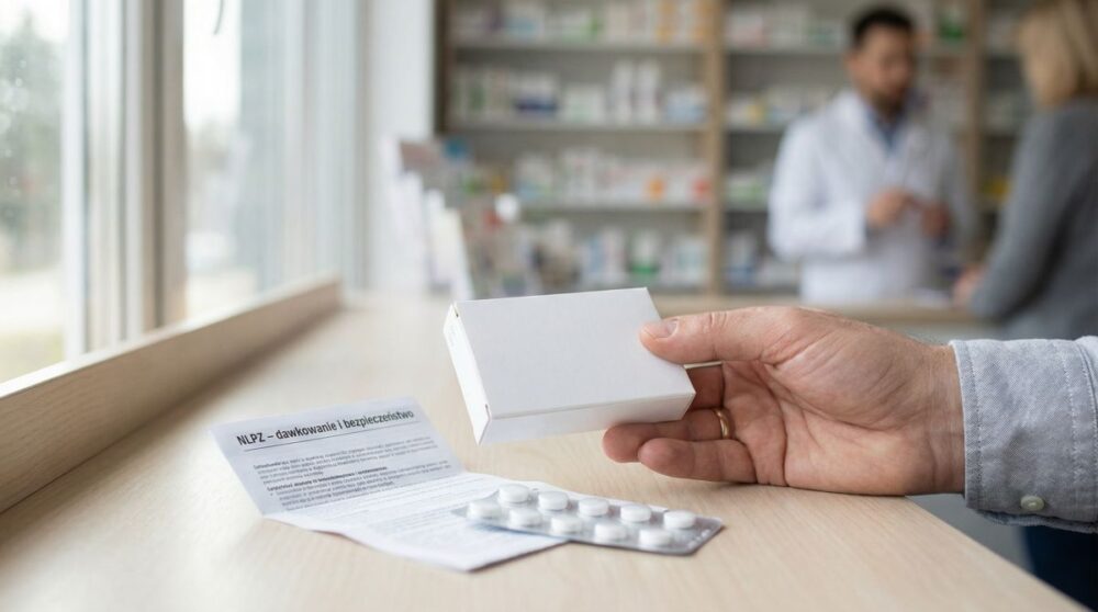 Dłoń trzyma opakowanie leku przeciwbólowego w aptece, obok ulotka o NLPZ i blister tabletek na ladzie.