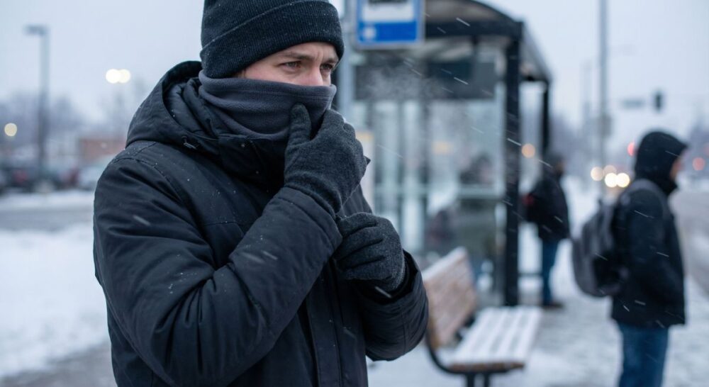Mężczyzna na przystanku w zimie osłania twarz szalikiem i rękawiczką podczas śniegu — profilaktyka i rozpoznawanie odmrożeń.