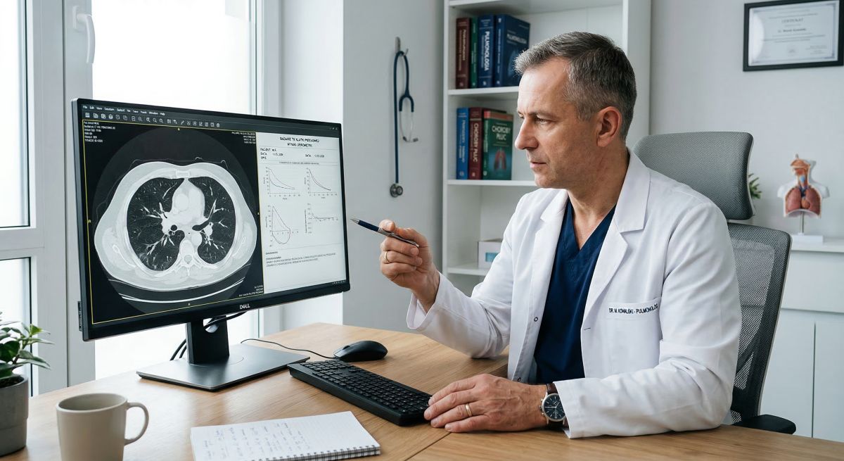 Pulmonolog analizuje tomografię płuc i wyniki badań w gabinecie, ilustrując cechy bardzo dobrego specjalisty