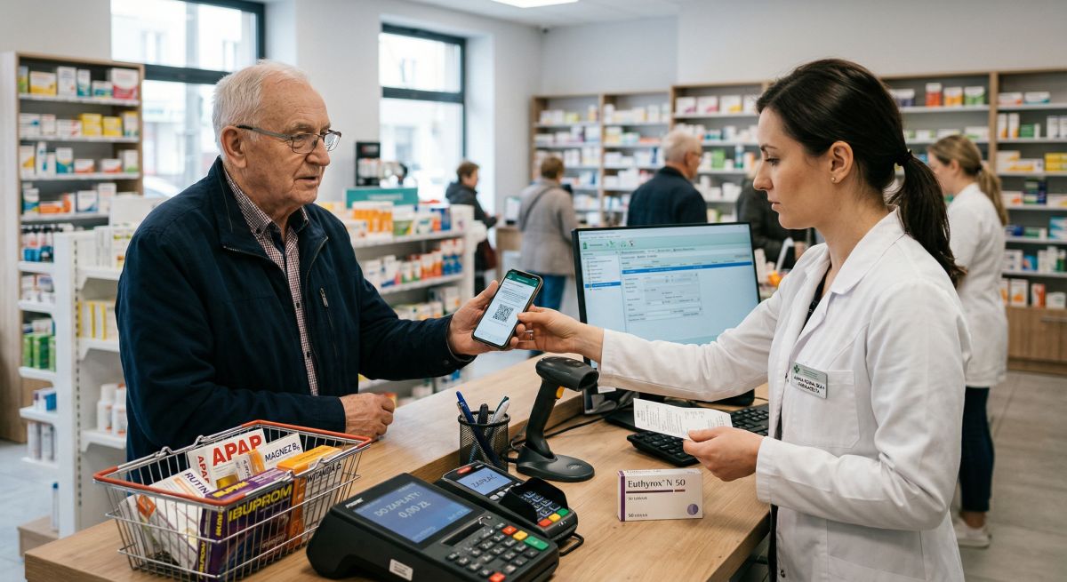 Senior pokazuje w aptece e-receptę na smartfonie, a farmaceutka w białym fartuchu weryfikuje ją przy komputerze.