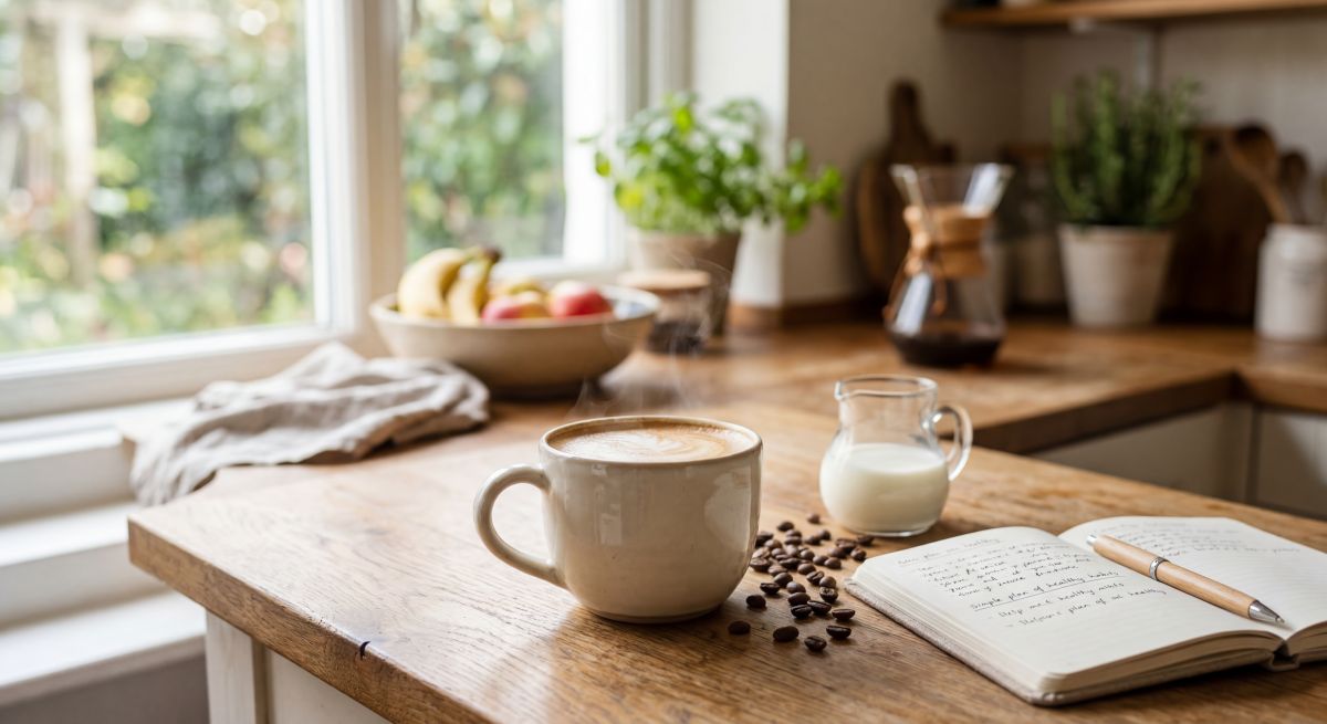 Filiżanka kawy z mlekiem na kuchennym blacie, ilustrująca temat wpływu codziennego picia kawy z mlekiem na wątrobę