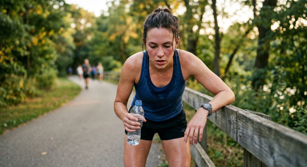 Objawy odwodnienia po wysiłku: biegaczka z butelką wody odpoczywa na ścieżce, z widocznym zmęczeniem na twarzy.