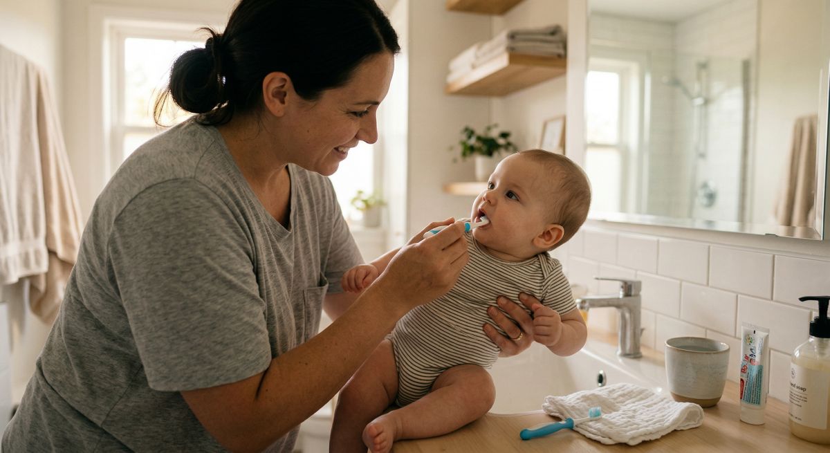 Higiena jamy ustnej u niemowlęcia: kobieta szczotkuje zęby maluchowi, a na blacie widać pastę i akcesoria do mycia.
