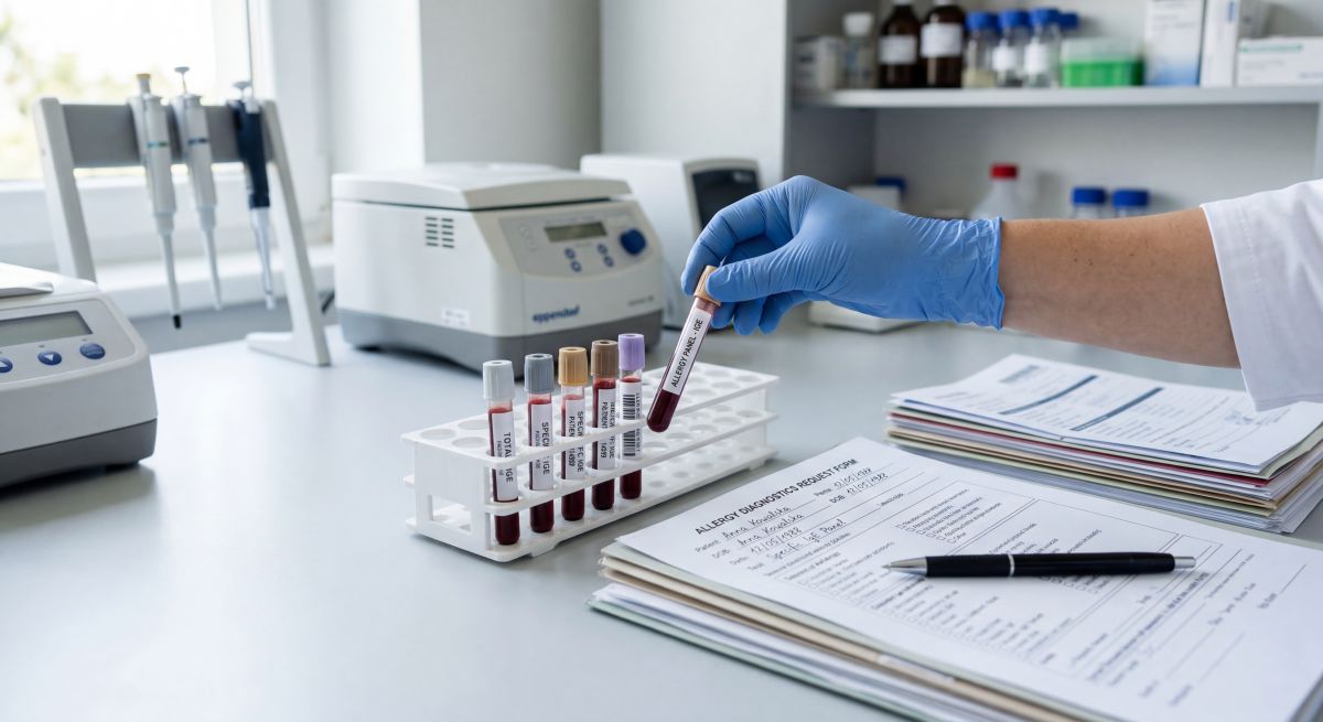 Próbki krwi do badań alergologicznych w laboratorium, ilustrujące działanie i zastosowanie testów alergologicznych z krwi