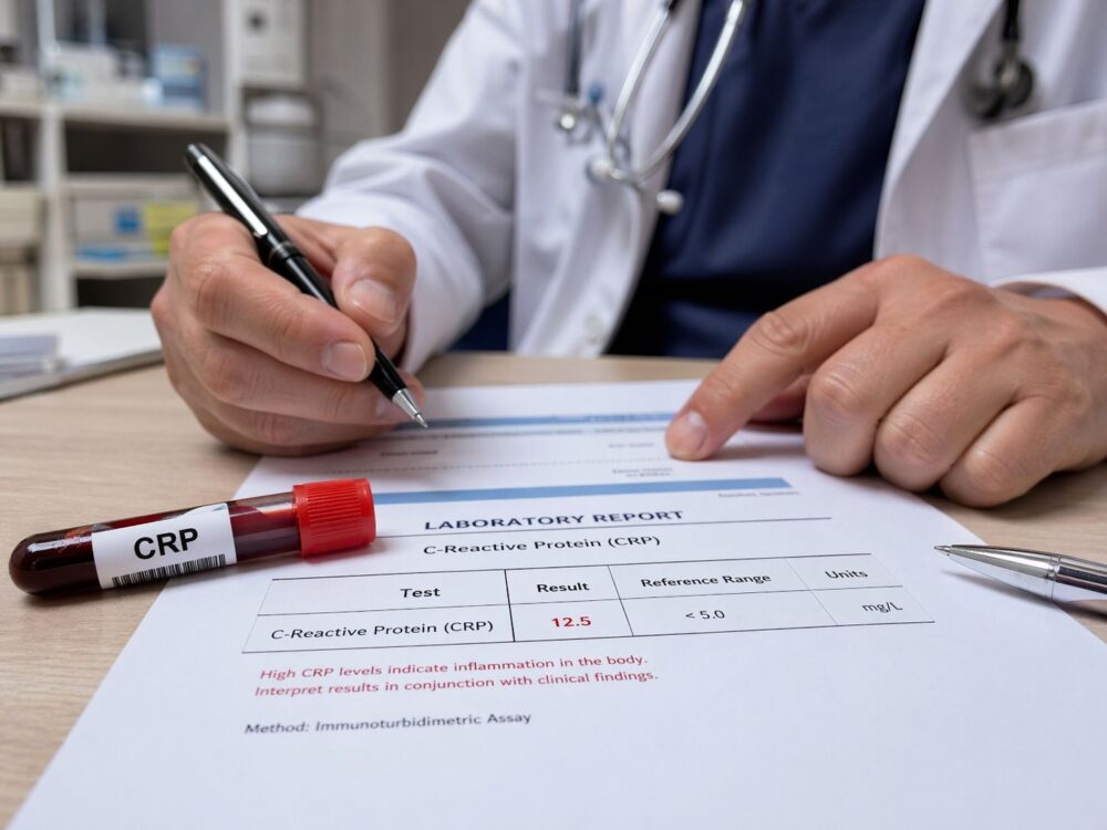 Raport laboratoryjny z wynikiem CRP i próbka krwi wykorzystywana w diagnostyce stanu zapalnego