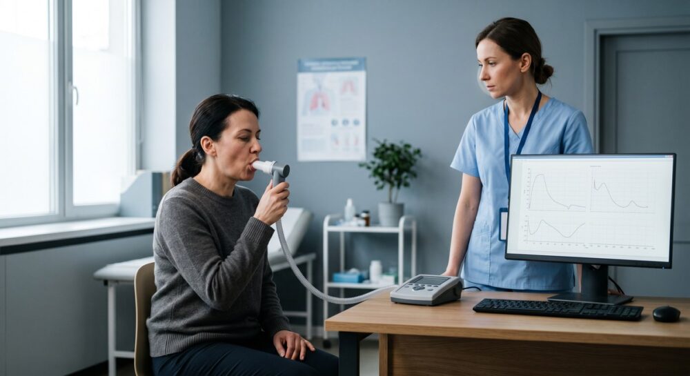 Pacjent podczas badania spirometrycznego w gabinecie pulmonologicznym; widoczny ustnik aparatu i wyniki na monitorze.