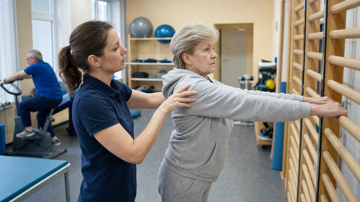 Fizjoterapeutka prowadzi ćwiczenia z pacjentką w sali rehabilitacyjnej ośrodka uzdrowiskowego.